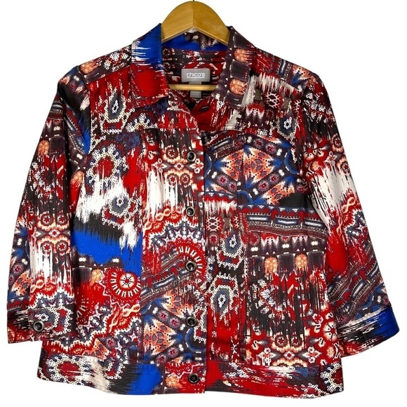 Chicos Abstract Mixed Print Stretch Cotton Jacket 1 US M - Picture 1 of 5